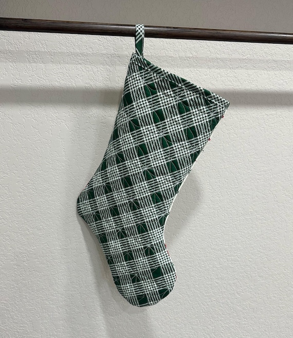 Handmade Quilted Christmas Stocking: Merry little Christmas- Green Plaid