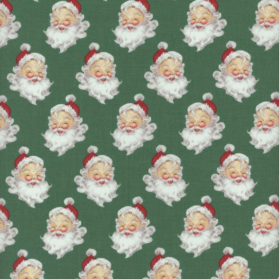 Christmas Cotton Fabric: Green Santa Heads, Riley Blake - Quilting Weight