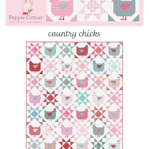 May include: A quilt pattern titled country chicks by Poppie Cotton featuring a grid of alternating blocks. The design displays stylized chickens in various shades of pink, red, and teal, interspersed with geometric star patterns on a white background.
