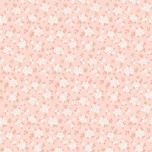 May include: A seamless pattern featuring small white floral clusters and delicate brown leaves scattered across a soft pink background. The design is a repeating pattern, creating a visually consistent and delicate floral print.