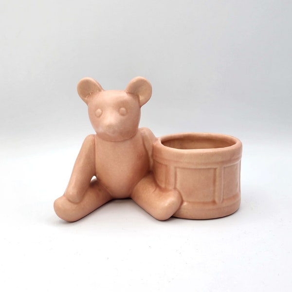 Vintage Haeger Teddy Bear with Drum Pink Cache Pot, Mid Century Nursery Pottery Planter