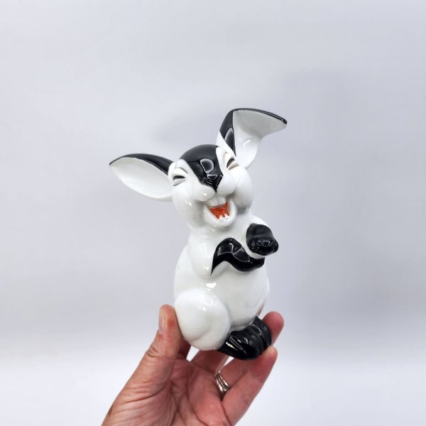 Vintage Rosenthal Laughing Rabbit 6" Figurine, Black and White Fritz Hare, Max Hermann German Kitsch