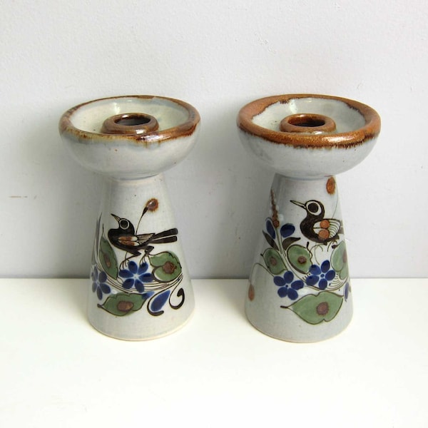 Vintage Tonala Mexican Stoneware Pottery Floral Bird Butterfly Candleholders - Set of 2 Mexico Folk Art Candlestick Holders