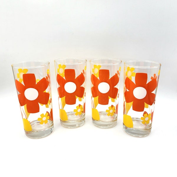 Vintage 1960s Anchor Hocking Spiffy Orange and Yellow Flower Cooler Glasses - Set of 4 Mid Mod Barware