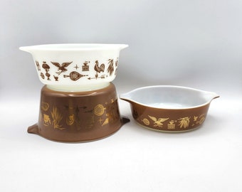 Pyrex Early American Casserole Set of 3 Bake Serve N&#39; Store - no lids