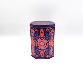 Vintage Ian Logan Salome JRM Design Tea Tin Caddy, 1960s England Mod Orange Purple Pink Collectible Storage Tin