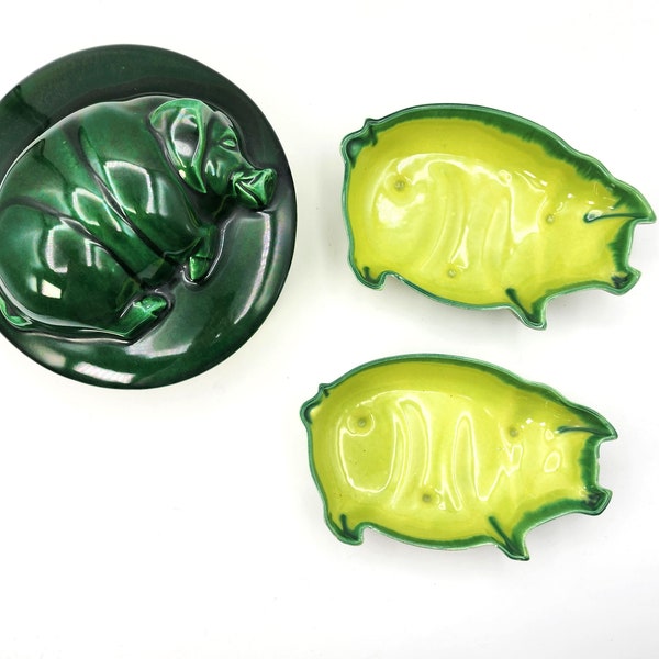 Vintage Green Ceramic Pig Bowls and Covered Serving Dish, Mid Century Kitsch Dishes