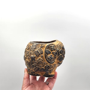 Vintage Elephant Stoneware Cache Pot Planter, Embossed with Butterflies and Flowers