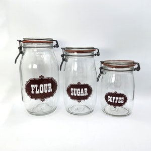 Vintage 1970s Typographic Glass Canister Set of 3 Hermetic Kitchen Storage Jars - Flour, Sugar, Coffee
