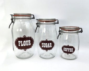 Vintage 1970s Glass Kitchen Canister Set: Flour, Sugar, Coffee