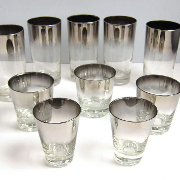 Vintage Vitreon Queen's Lusterware Silver Fade Cocktail Glasses - Platinum Barware, Highball, Lowball Whiskey, Double Shot