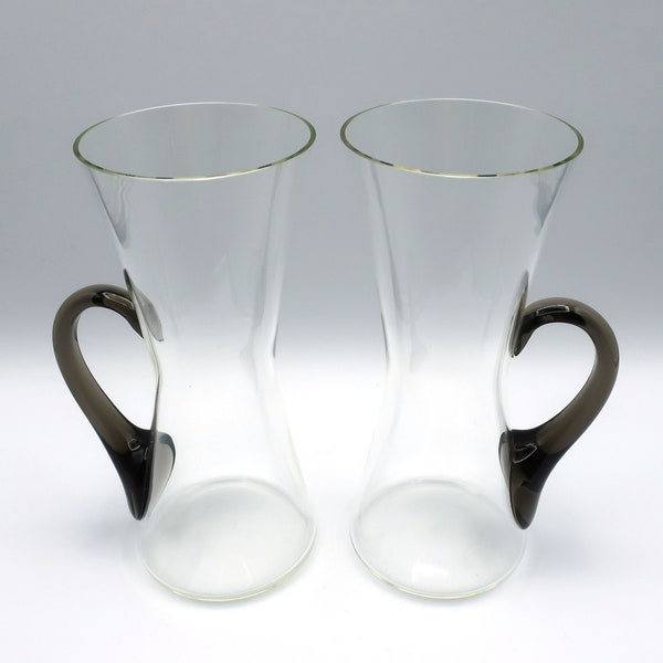 Vintage Hourglass Mugs Clear Blown Glass with Applied Smoky Brown Handle - Set of 2