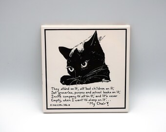 Vintage 1960s Kitten Tales Black Cat Humor My Chair Poem Wall Tile Trivet