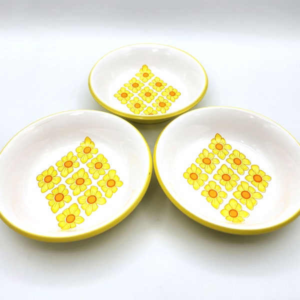 Vintage Mikasa Mexicana Guadalup Ben Seibel Soup Bowls, Yellow Orange Flower Dinnerware - Set of 3