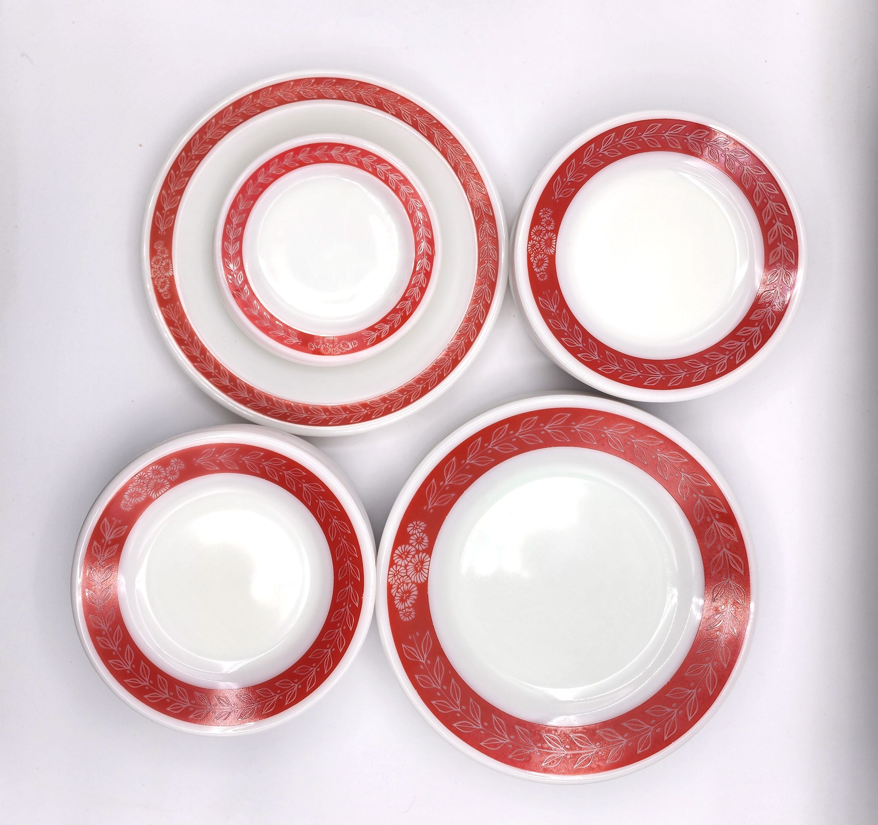 Vintage Red Laurel Leaf Plates: Pyrex Revel, Fire King Dinnerware