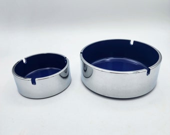 Vintage Maru Trend Pacific Chrome and Blue Melamine Ashtray by Isamu Kenmochi, 1970s Mod Space Age Decor