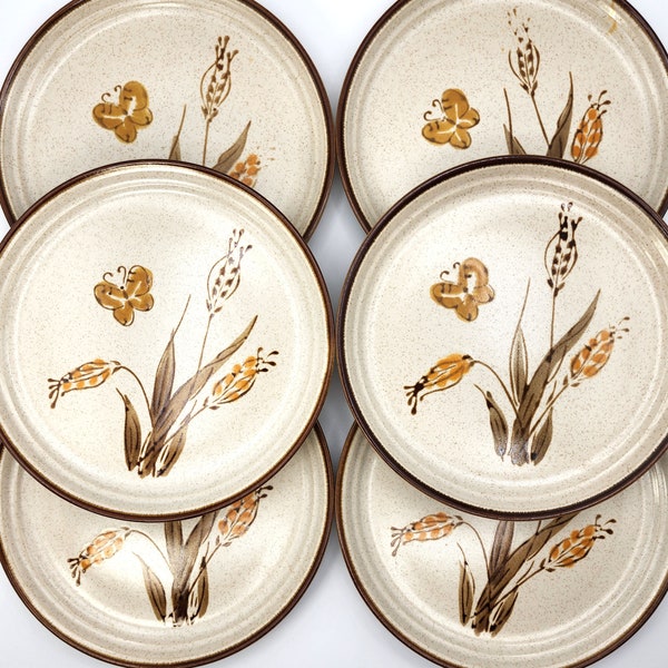 Vintage Mikasa Studio Kraft Prairie Dinner, Salad Plates - Set of 4 1970s Wheat Butterfly Japanese Stoneware Dishes