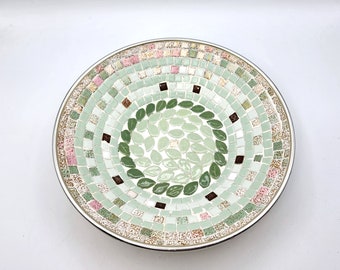 Vintage Mosaic Tile 10" Catch-All Console Bowl, Pastel Green Pink, Decorative Aluminum Bowl