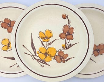 Vintage Homer Laughlin Harvest Yellow Brown Floral Dinner Plates - Set of 3