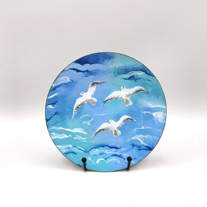 Vintage Blue Seagulls Enamel on Copper Dish, Decorative Birds in Flight Plate