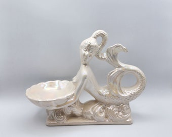 Vintage Mermaid Ceramic Iridescent Pearl Soap Dish Catch All Bowl