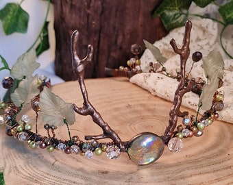 Woodland Wedding Crown with Bronze Antlers and Green Leaves