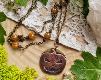 Jack O'Lantern Necklace, Pumpkin Pendant, Halloween Jewelery, Festive Halloween Accessory, Handmade Copper Jewellery, Autumn Style