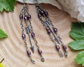 Artemis Arrow Earrings, Silver with Purple Beads, Goddess of the Hunt Jewelry, Handcrafted Artemis Earrings, Greek Mythology Accessories