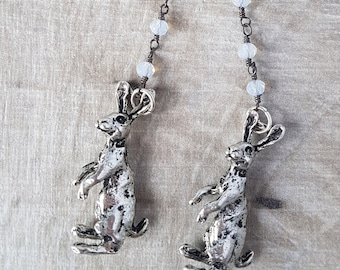 Moonlit Hare - Earrings for Hare Lovers - Nature inspired jewellery - Moonstone - Silver Earrings - Gift for Animal Lovers - Spiritual Gifts