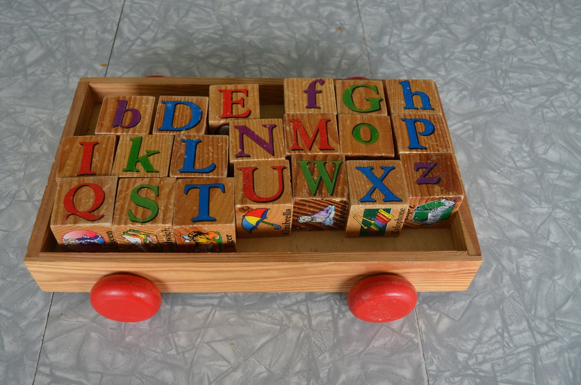 Alphabet Wooden Blocks With Four Pictures To Match The Letter Etsy