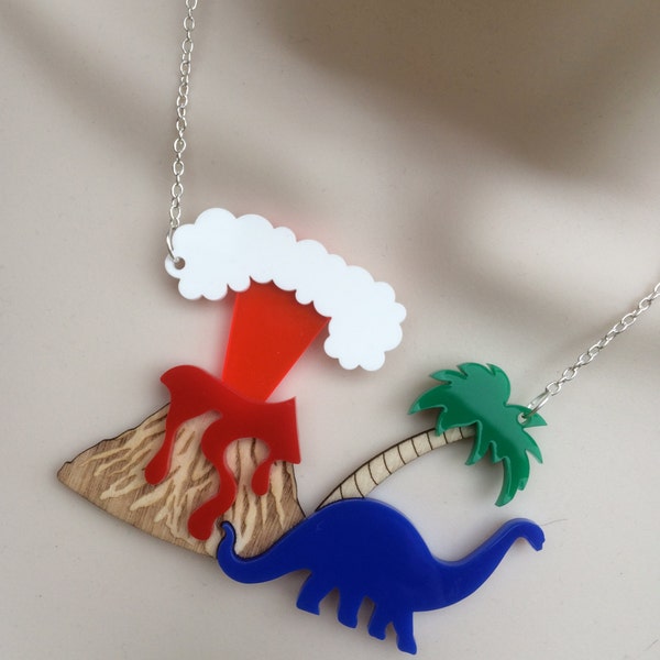 laser cut acrylic/birch wood 'volcano / dinosaur' statement necklace