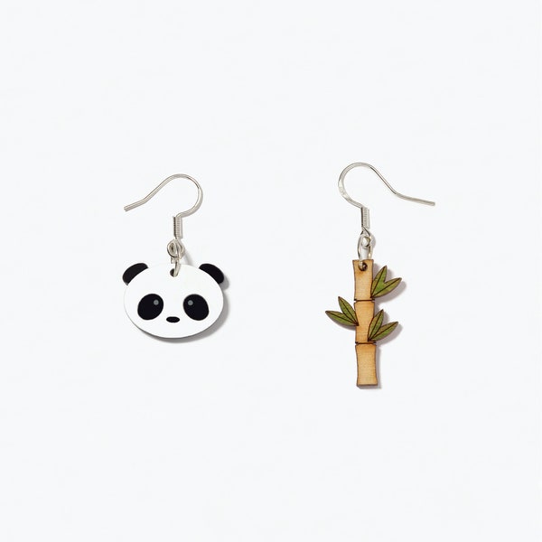 Cute acrylic panda and wooden bamboo earrings