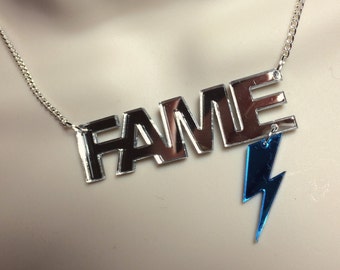 laser cut silver mirror Acrylic "FAME" David Bowie tribute necklace