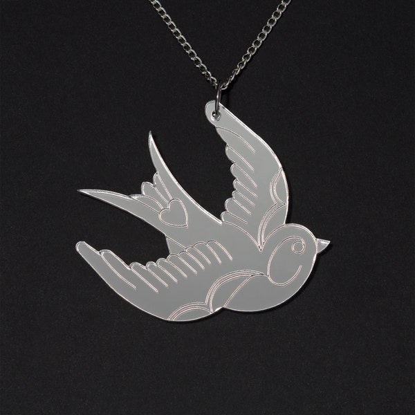 Large silver mirror acrylic swallow necklace