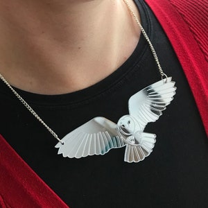 laser cut Mirror HUGE flying owl statement necklace