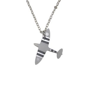 May include: A silver airplane pendant necklace. The pendant is a detailed miniature of a vintage aircraft, with black and white stripes on the wings and tail. The necklace chain is also silver.
