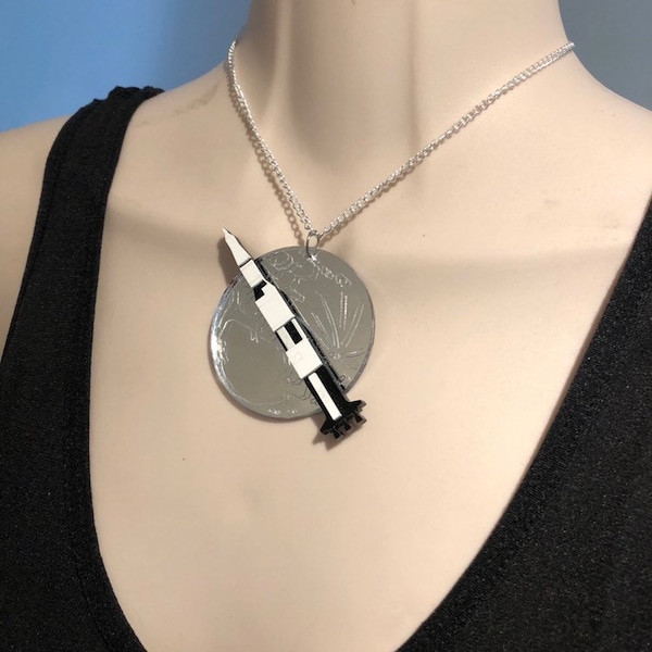 Fabulous laser cut acrylic Nasa Saturn V Rocket and Moon Necklace