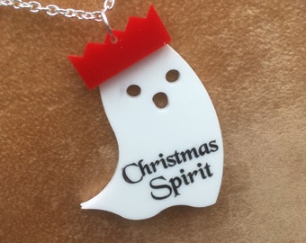 Laser cut Acrylic 'Christmas Spirit' necklace....a ghost in a party hat!