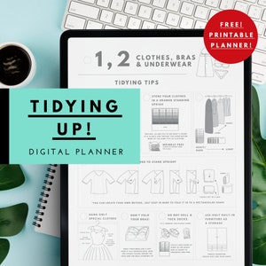 Op de afbeelding: Een digitale planner met de titel "Tidying Up!" en de ondertitel "Digital Planner". De planner is ontworpen om mensen te helpen hun kleding, bh's en ondergoed te organiseren. Het bevat tips over hoe je kleding in een lade rechtop kunt opbergen, hoe je bh's vouwt en hoe je sokken oprolt en opbergt. De planner bevat ook een sectie over het gebruik van ingebouwde meubels als opslagruimte.