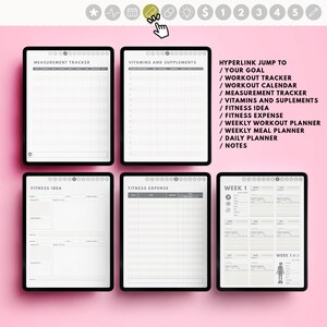 May include: Six digital planner pages for fitness and wellness tracking. The pages include sections for measurement tracker, vitamins and supplements, fitness idea, fitness expense, and weekly workout planner.