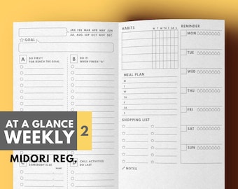 At a glance Weekly Planner on  2 Pages for Midori Traveler's Notebook, Undated Weekly Planner Printable for TN Insert