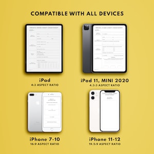 Puede incluir: Un gr&aacute;fico que muestra c&oacute;mo se ver&iacute;a una plantilla de planificador digital en diferentes dispositivos, incluyendo un iPad, un iPad Mini, un iPhone 7-10 y un iPhone 11-12. El texto en la plantilla dice "Create Good Habit Cheatsheet" y "Break a Bad Habit Cheatsheet".