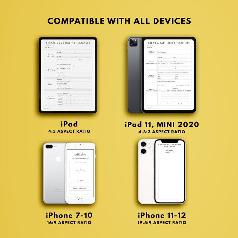 Puede incluir: Un gr&aacute;fico que muestra c&oacute;mo se ver&iacute;a una plantilla de planificador digital en diferentes dispositivos, incluyendo un iPad, un iPad Mini, un iPhone 7-10 y un iPhone 11-12. El texto en la plantilla dice "Create Good Habit Cheatsheet" y "Break a Bad Habit Cheatsheet".
