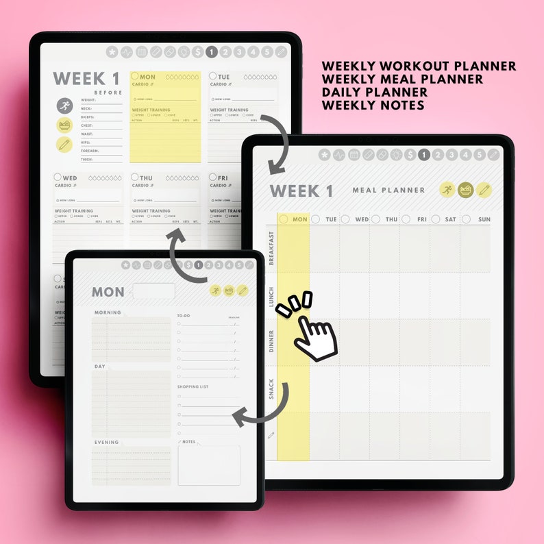 May include: A digital planner with a yellow background and black text. The planner is divided into sections for weekly workout planner, weekly meal planner, daily planner, and weekly notes. The planner also includes a section for meal planning with a yellow background and black text. The planner is designed to help people stay organized and on track with their fitness and nutrition goals.