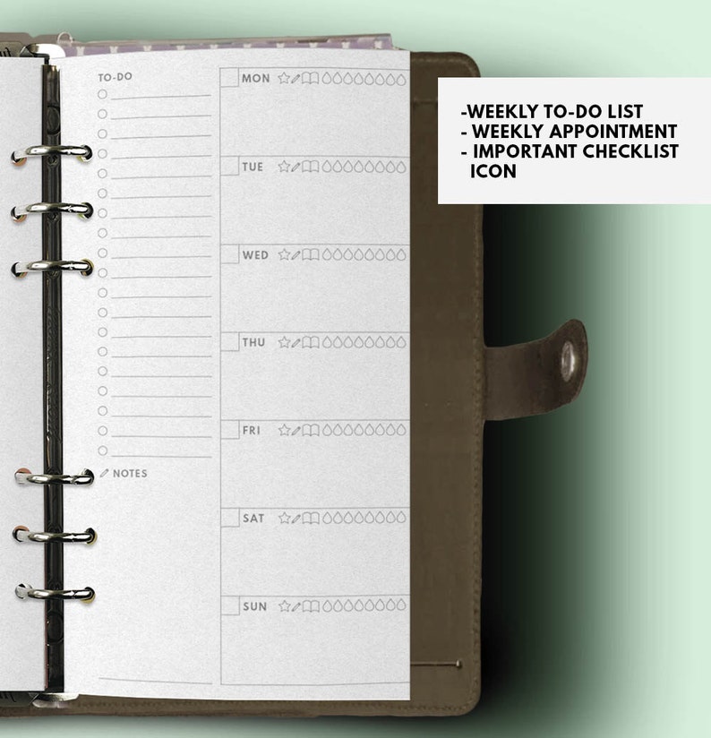 May include: A weekly planner with a brown leather cover. The planner has a white paper insert with a to-do list, notes section, and daily columns for Monday through Sunday. Each day has a section for tasks and a row of stars.