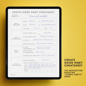 Puede incluir: Una tableta digital que muestra una hoja de c&aacute;lculo imprimible para crear buenos h&aacute;bitos. La hoja de c&aacute;lculo se titula "Create Good Habit Cheatsheet" e incluye secciones para hacer un h&aacute;bito obvio, atractivo, f&aacute;cil y satisfactorio. La hoja de c&aacute;lculo est&aacute; basada en el libro "Atomic Habits".