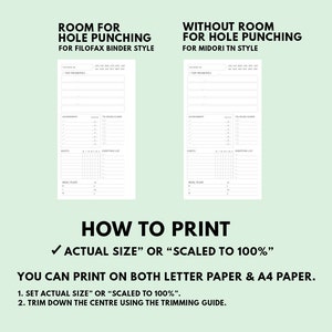 May include: Two printable planner pages, one with room for hole punching for a Filofax binder and one without room for hole punching for a Midori TN style binder. The pages include sections for top priorities, appointments, habits, a shopping list, and a meal plan. The text "How to Print" is below the pages, with instructions to print at actual size or scaled to 100% on letter or A4 paper.