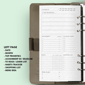 May include: A printable planner page with sections for "The Week Of", "Top Priorities", "Assignment", "Deadline", "To-Read/Learn", "Habits", "Shopping List", "Meal Plan", and "Menu Idea".