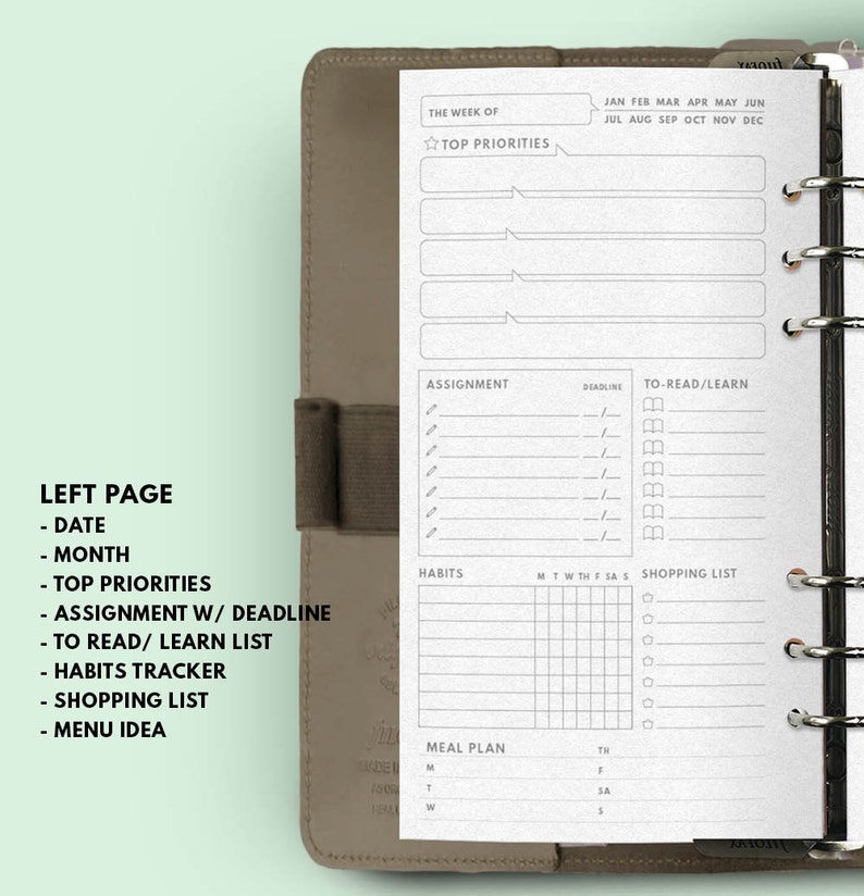 May include: A printable planner page with sections for "The Week Of", "Top Priorities", "Assignment", "Deadline", "To-Read/Learn", "Habits", "Shopping List", "Meal Plan", and "Menu Idea".