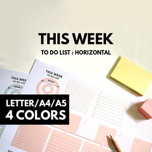 May include: A printable to-do list template with a horizontal layout. The template features a goal setting section with a target graphic and space for writing down goals. The template is available in letter, A4, and A5 sizes and comes in four colors.